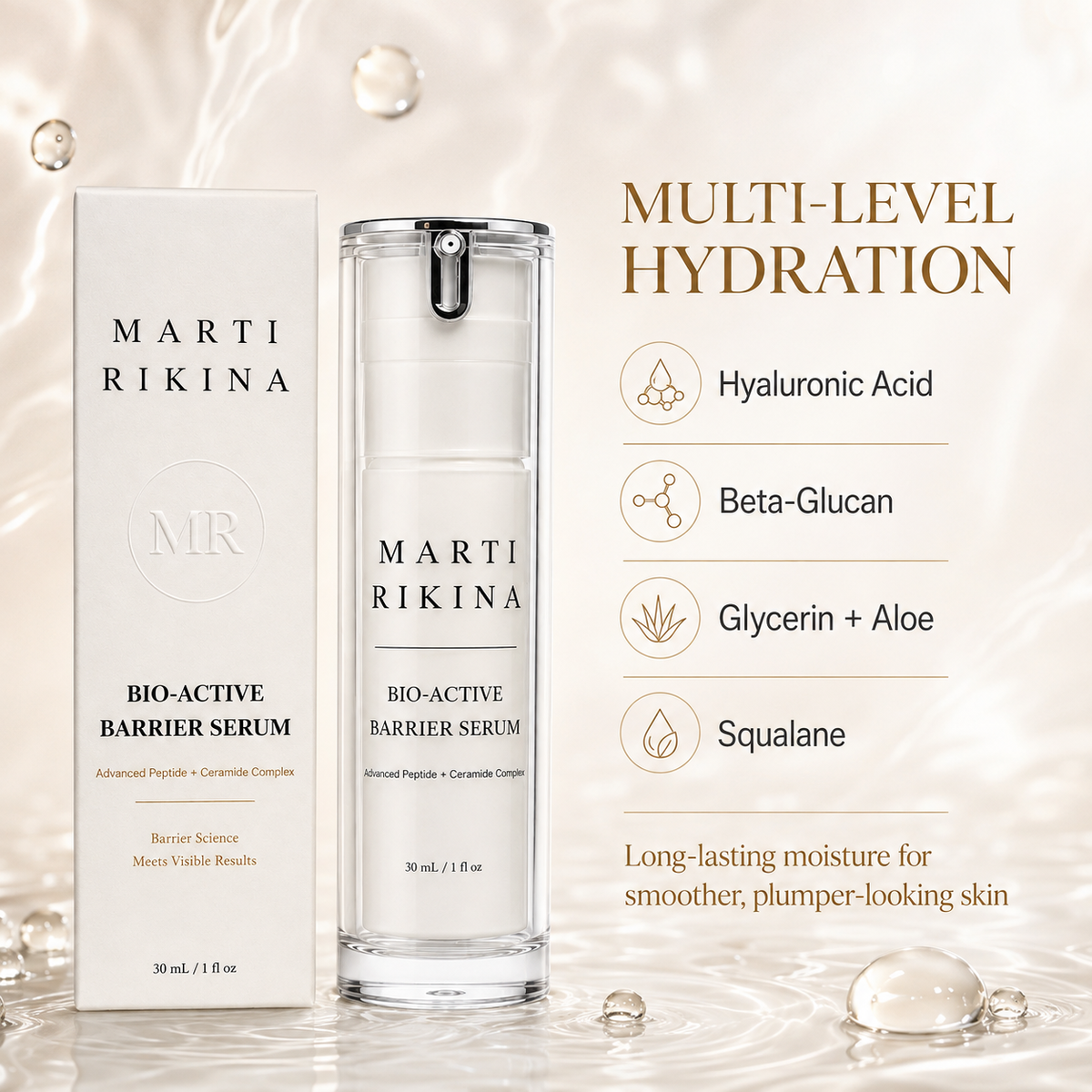 Multi-level hydration benefits of MARTI RIKINA Bio-Active Barrier Serum